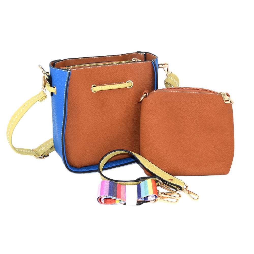 New Bucket Bag Women Small Tan Blue New Colorblock Crossbody Pouch Set